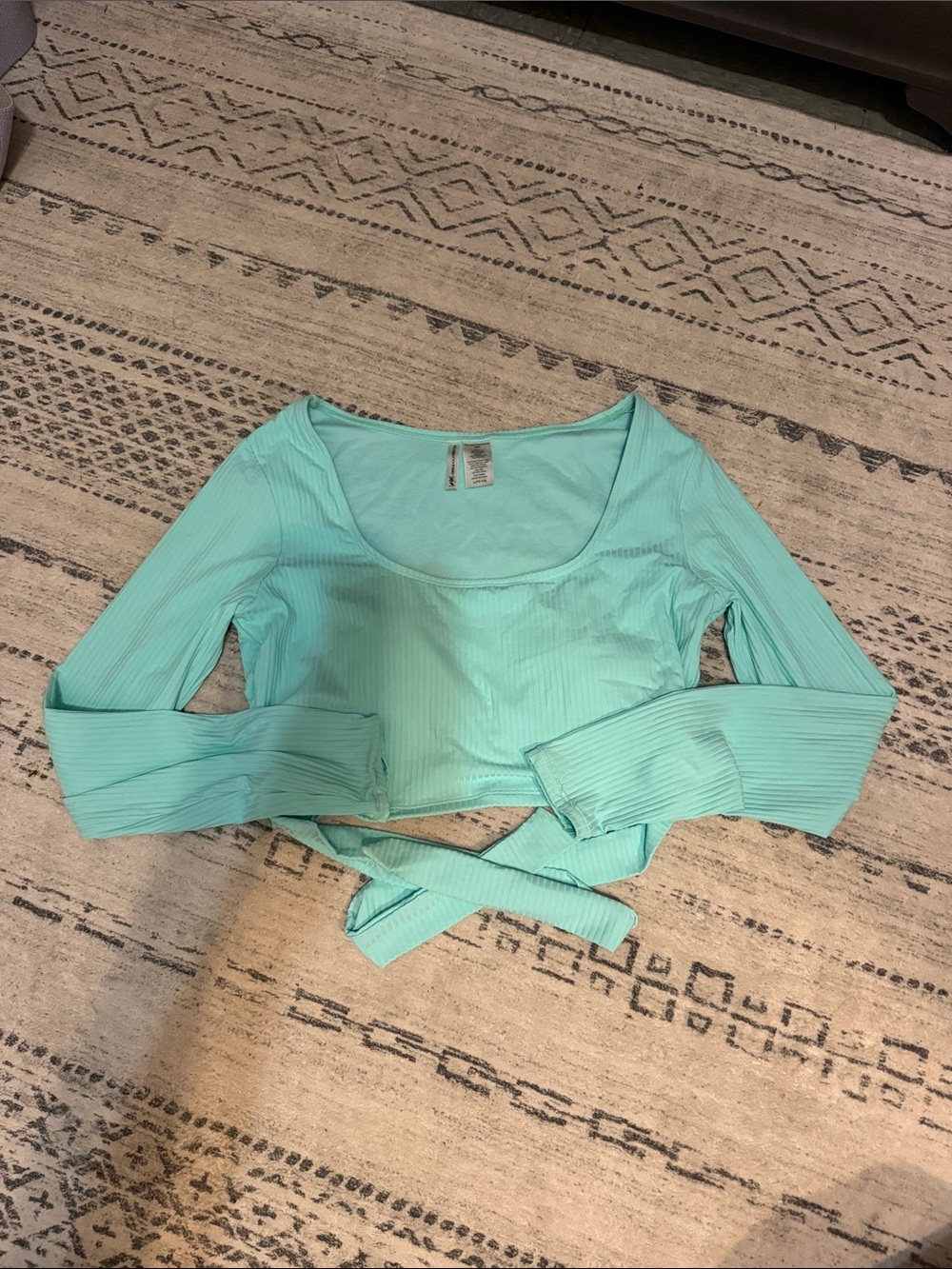 Celebrity Pink Ribbed Tie-Waist Long Sleeve Crop Top - Mint Green